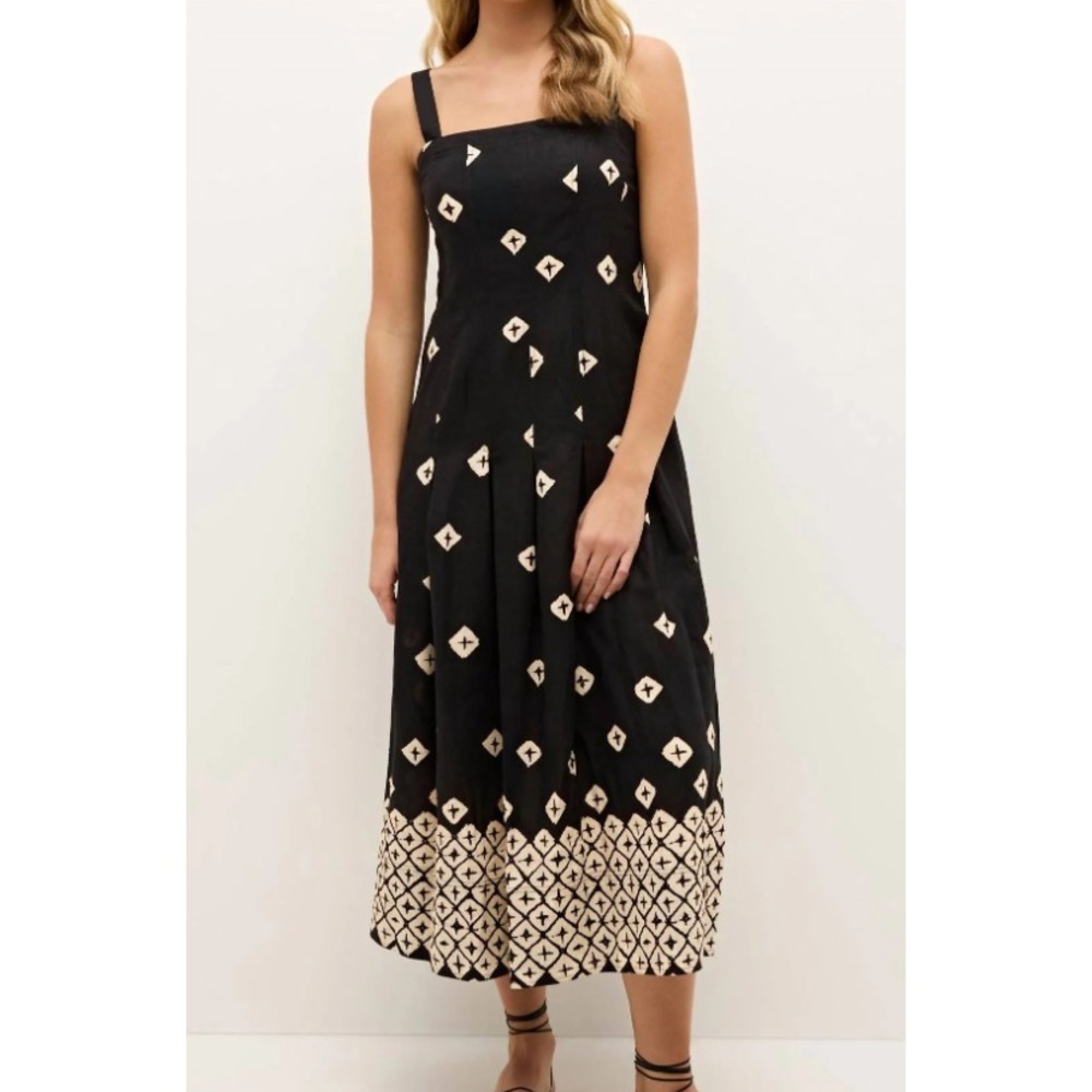 Marie Oliver‎ Dixon Dress Size 8 Black Cream Shibori Midi Sundress Ceramic Print